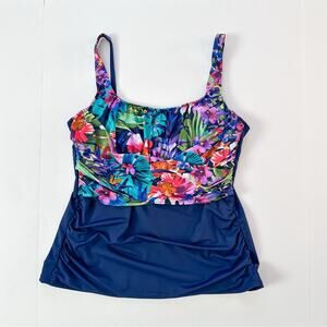 Lands End Tankini Swim Top Womens SIZE 14 Underwire Navy Blue Floral